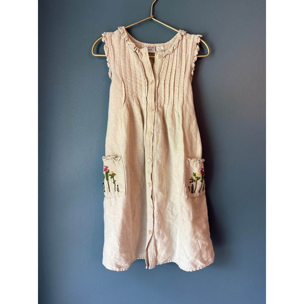 Talbots Kids Linen Cotton Embroidered Floral Jumper Dress Beige Size 6X
